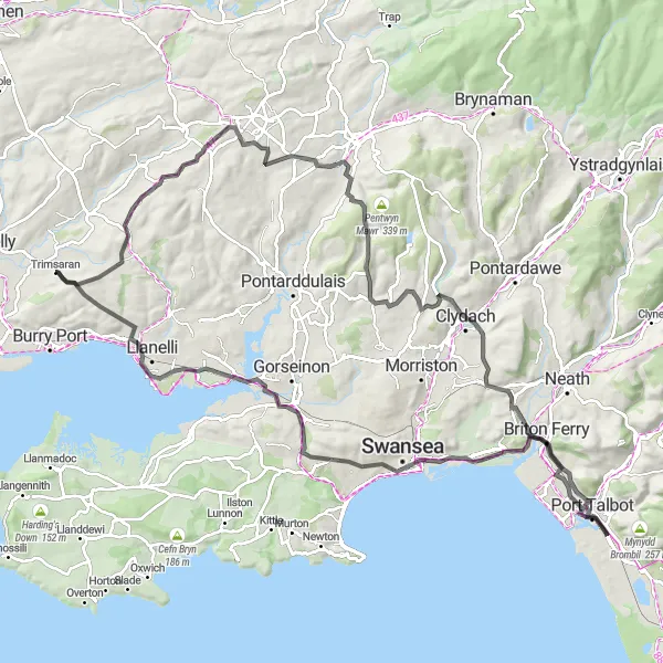 Map miniature of "Tycroes Circuit" cycling inspiration in West Wales and The Valleys, United Kingdom. Generated by Tarmacs.app cycling route planner