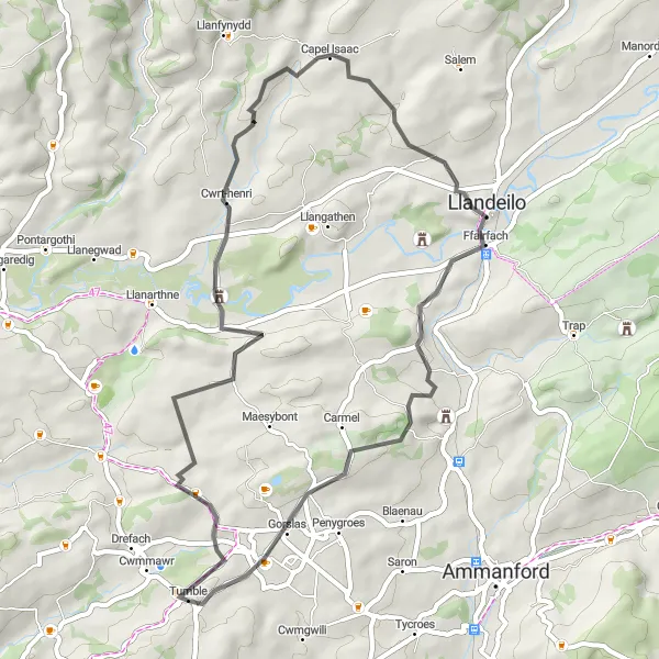 Map miniature of "Historic Castle and Beyond" cycling inspiration in West Wales and The Valleys, United Kingdom. Generated by Tarmacs.app cycling route planner