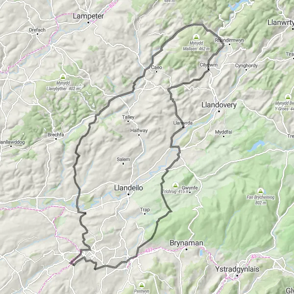 Map miniature of "The Gold Mines Circuit" cycling inspiration in West Wales and The Valleys, United Kingdom. Generated by Tarmacs.app cycling route planner