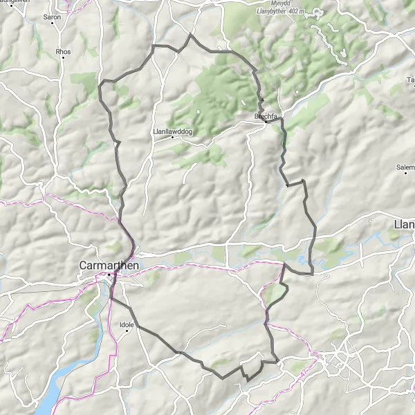 Map miniature of "The Hills of Llanarthney" cycling inspiration in West Wales and The Valleys, United Kingdom. Generated by Tarmacs.app cycling route planner