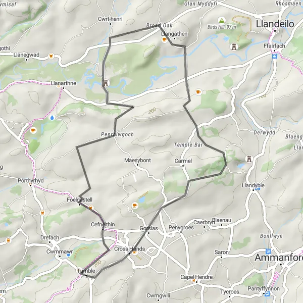 Map miniature of "Castle Trail" cycling inspiration in West Wales and The Valleys, United Kingdom. Generated by Tarmacs.app cycling route planner