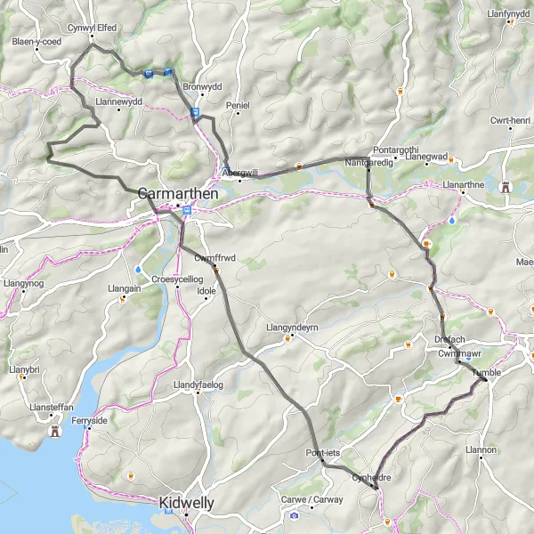 Map miniature of "Cwmffrwd Escape" cycling inspiration in West Wales and The Valleys, United Kingdom. Generated by Tarmacs.app cycling route planner