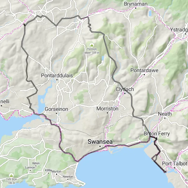 Map miniature of "The Valleys Loop" cycling inspiration in West Wales and The Valleys, United Kingdom. Generated by Tarmacs.app cycling route planner