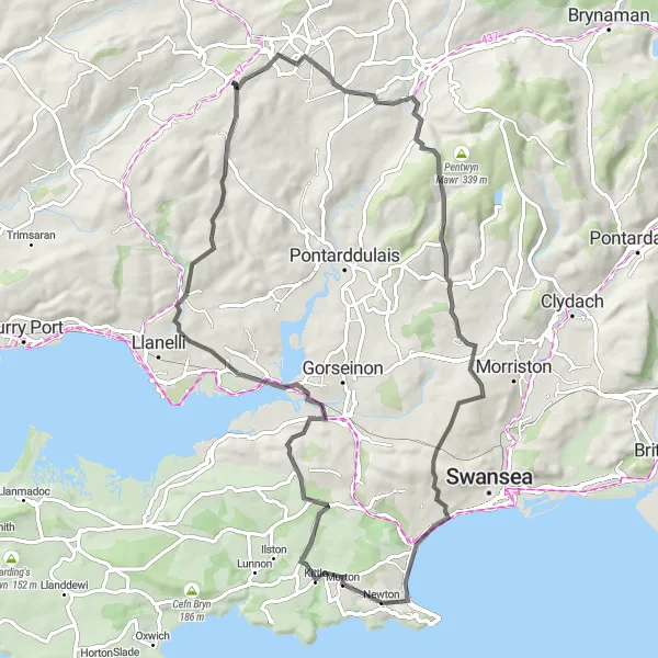 Map miniature of "Scenic Valleys Delight" cycling inspiration in West Wales and The Valleys, United Kingdom. Generated by Tarmacs.app cycling route planner