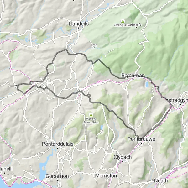 Map miniature of "Brynamman Scenic Loop" cycling inspiration in West Wales and The Valleys, United Kingdom. Generated by Tarmacs.app cycling route planner