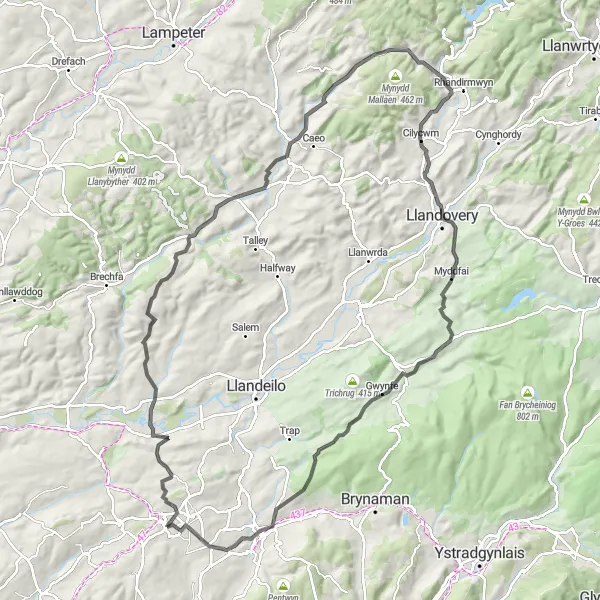 Map miniature of "Hills and Valleys Grand Tour" cycling inspiration in West Wales and The Valleys, United Kingdom. Generated by Tarmacs.app cycling route planner