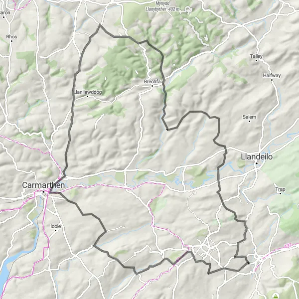 Map miniature of "Tycroes to Llanfynydd Road Adventure" cycling inspiration in West Wales and The Valleys, United Kingdom. Generated by Tarmacs.app cycling route planner