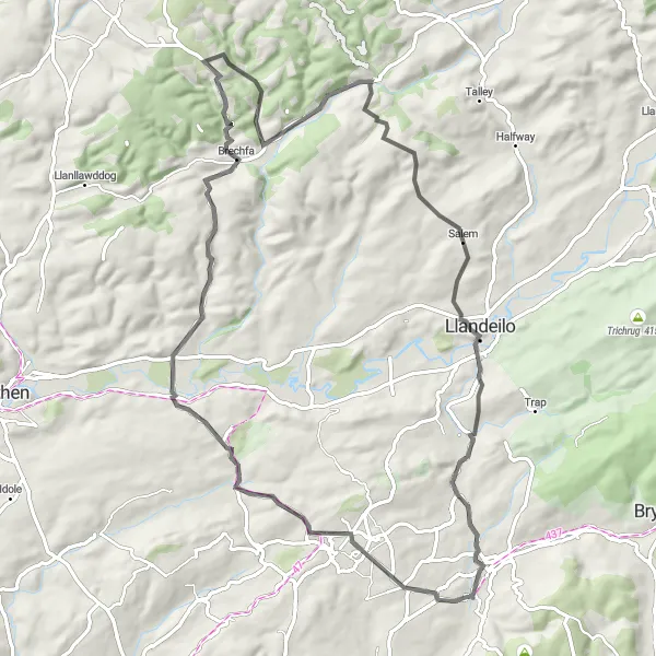 Map miniature of "Challenging Road Loop through Gwernogle" cycling inspiration in West Wales and The Valleys, United Kingdom. Generated by Tarmacs.app cycling route planner