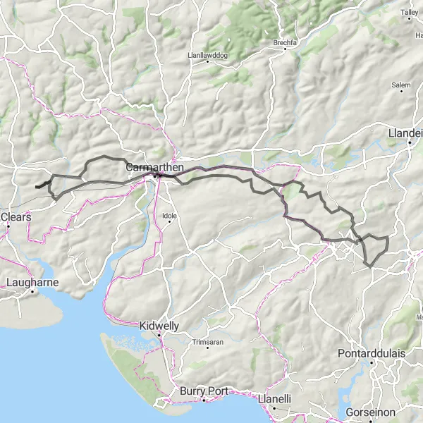 Map miniature of "Tycores Circular Road Route" cycling inspiration in West Wales and The Valleys, United Kingdom. Generated by Tarmacs.app cycling route planner