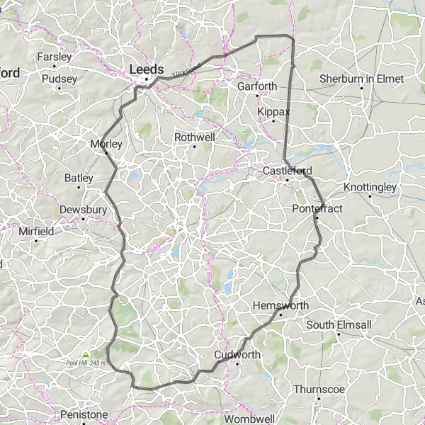 Map miniature of "Road Exploration" cycling inspiration in West Yorkshire, United Kingdom. Generated by Tarmacs.app cycling route planner