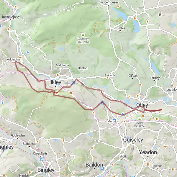 Map miniature of "Wharfe Valley Gravel Adventure" cycling inspiration in West Yorkshire, United Kingdom. Generated by Tarmacs.app cycling route planner