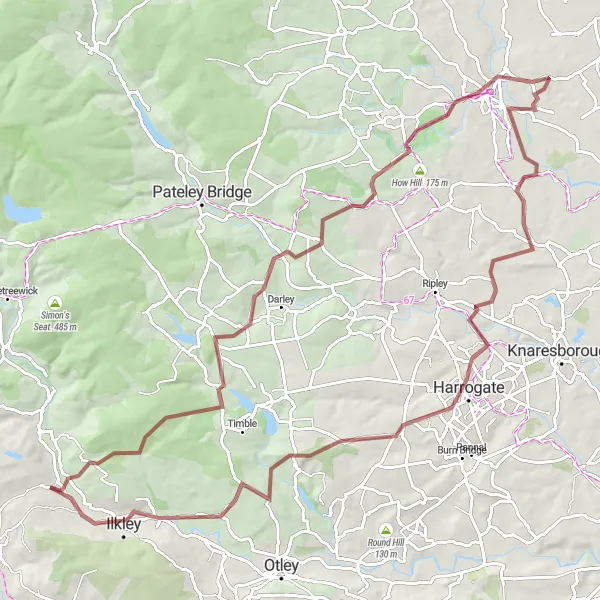 Map miniature of "Harrogate's Gravel Expedition" cycling inspiration in West Yorkshire, United Kingdom. Generated by Tarmacs.app cycling route planner