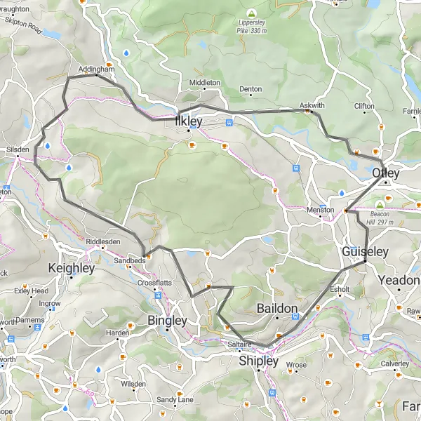 Map miniature of "Ilkley Loop" cycling inspiration in West Yorkshire, United Kingdom. Generated by Tarmacs.app cycling route planner