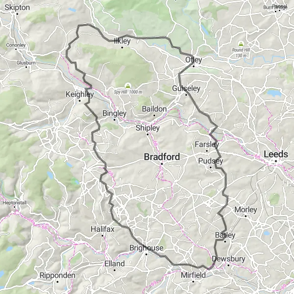 Map miniature of "Otley to Brown Bank" cycling inspiration in West Yorkshire, United Kingdom. Generated by Tarmacs.app cycling route planner
