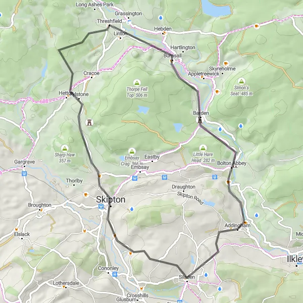 Map miniature of "Skipton and Threshfield Adventure" cycling inspiration in West Yorkshire, United Kingdom. Generated by Tarmacs.app cycling route planner