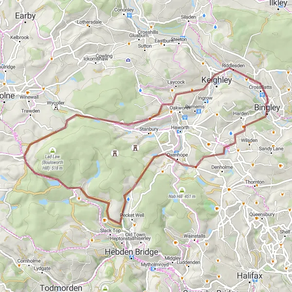 Map miniature of "Moors and Valleys Gravel Ride" cycling inspiration in West Yorkshire, United Kingdom. Generated by Tarmacs.app cycling route planner