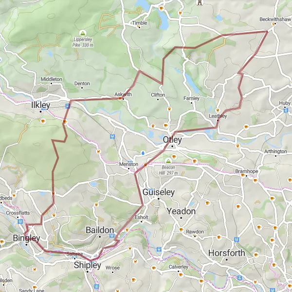 Map miniature of "West Yorkshire Gravel Treasures" cycling inspiration in West Yorkshire, United Kingdom. Generated by Tarmacs.app cycling route planner