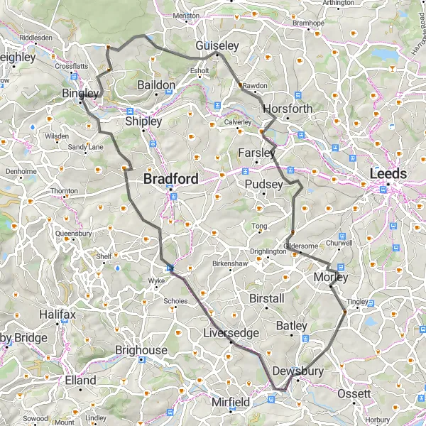 Map miniature of "The Airedale Circuit" cycling inspiration in West Yorkshire, United Kingdom. Generated by Tarmacs.app cycling route planner