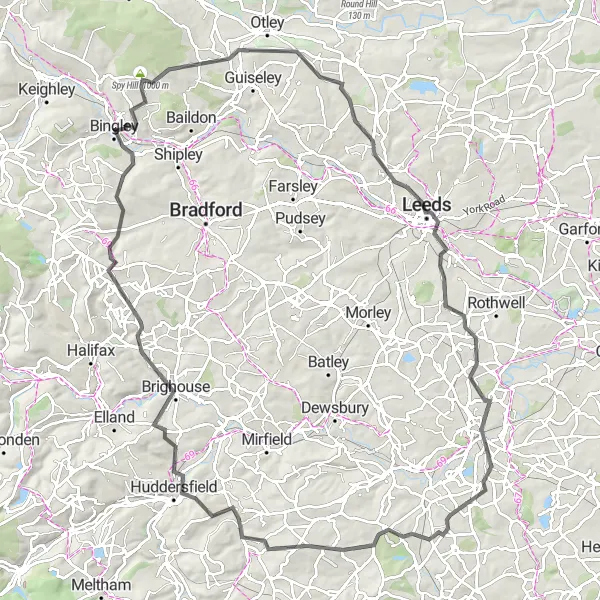 Map miniature of "The Yorkshire Tour" cycling inspiration in West Yorkshire, United Kingdom. Generated by Tarmacs.app cycling route planner