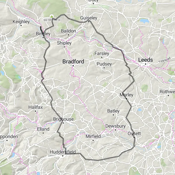 Map miniature of "Hills and Valleys Road Loop" cycling inspiration in West Yorkshire, United Kingdom. Generated by Tarmacs.app cycling route planner