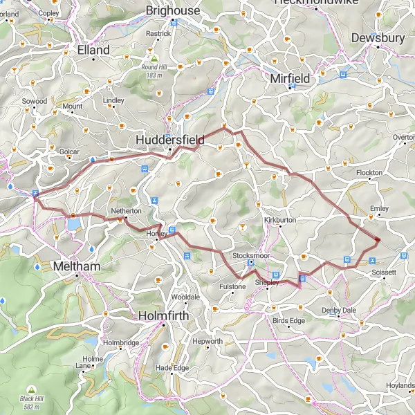 Map miniature of "Blackmoorfoot Gravel Loop" cycling inspiration in West Yorkshire, United Kingdom. Generated by Tarmacs.app cycling route planner