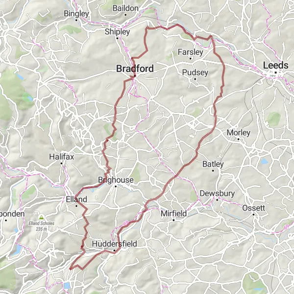 Map miniature of "Around Linthwaite and Bradford" cycling inspiration in West Yorkshire, United Kingdom. Generated by Tarmacs.app cycling route planner