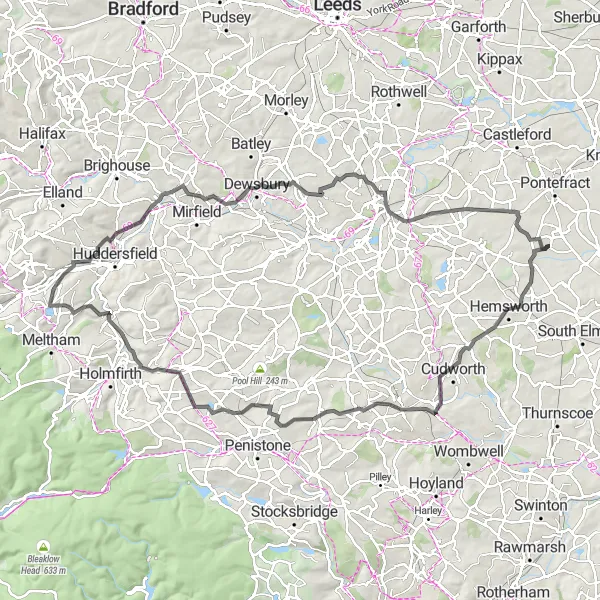 Map miniature of "Dewsbury and Lundwood Circular" cycling inspiration in West Yorkshire, United Kingdom. Generated by Tarmacs.app cycling route planner