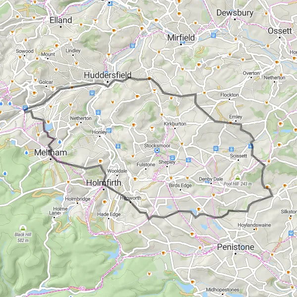 Map miniature of "Blackmoorfoot to Meltham Road Route" cycling inspiration in West Yorkshire, United Kingdom. Generated by Tarmacs.app cycling route planner