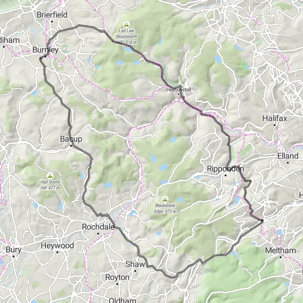 Map miniature of "Blackmoorfoot to Boulderclough Road Route" cycling inspiration in West Yorkshire, United Kingdom. Generated by Tarmacs.app cycling route planner