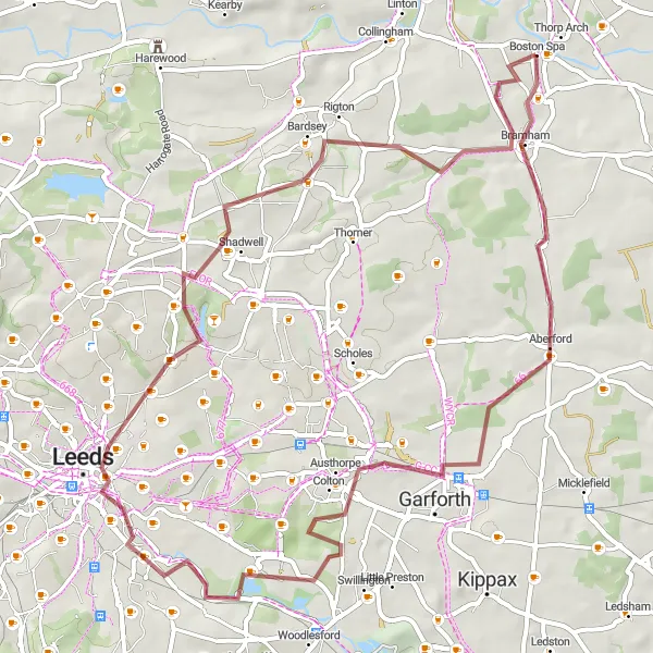 Map miniature of "Gravel Adventure to Bardsey" cycling inspiration in West Yorkshire, United Kingdom. Generated by Tarmacs.app cycling route planner