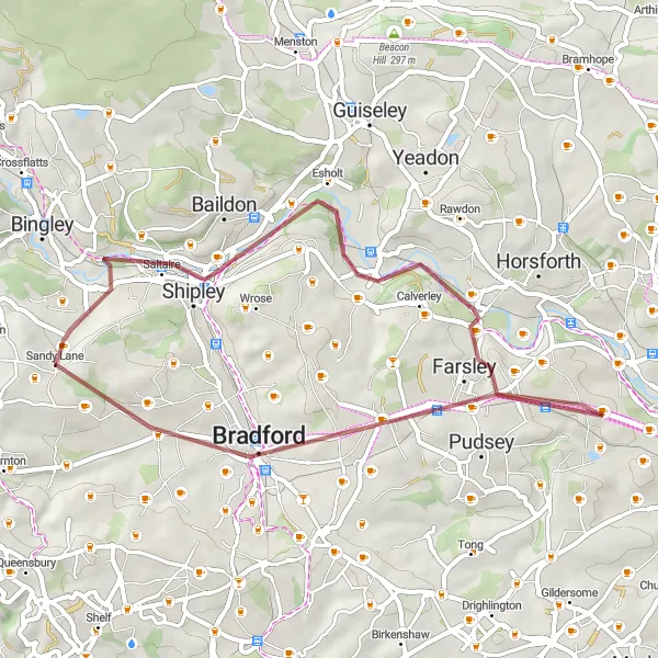 Map miniature of "Gravel Excursion to Saltaire" cycling inspiration in West Yorkshire, United Kingdom. Generated by Tarmacs.app cycling route planner