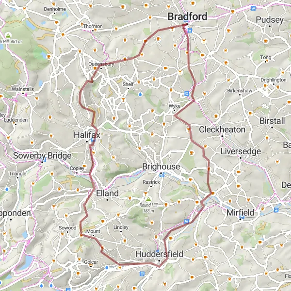 Map miniature of "Gravel Adventure: Bradford to Huddersfield and Halifax Loop" cycling inspiration in West Yorkshire, United Kingdom. Generated by Tarmacs.app cycling route planner