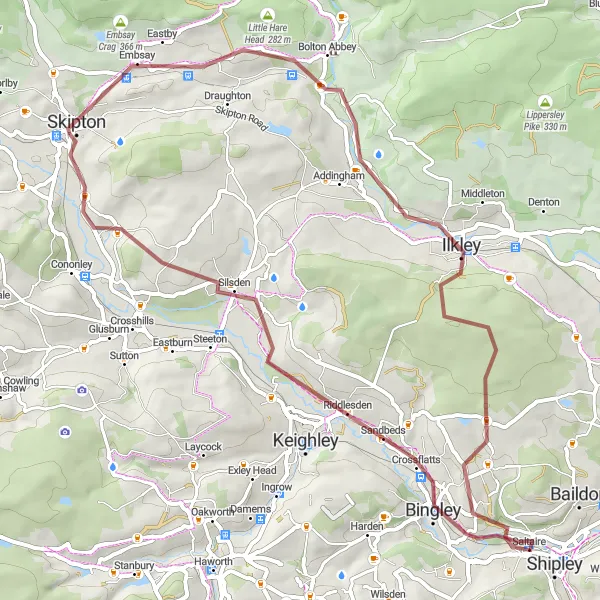 Map miniature of "Bingley's Gravel Odyssey" cycling inspiration in West Yorkshire, United Kingdom. Generated by Tarmacs.app cycling route planner
