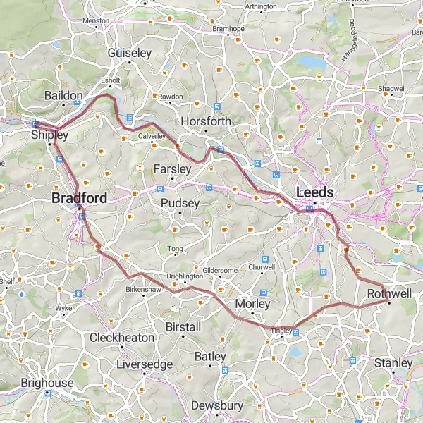 Map miniature of "Scenic Gravel Adventure: Bradford to Shipley and Morley Loop" cycling inspiration in West Yorkshire, United Kingdom. Generated by Tarmacs.app cycling route planner