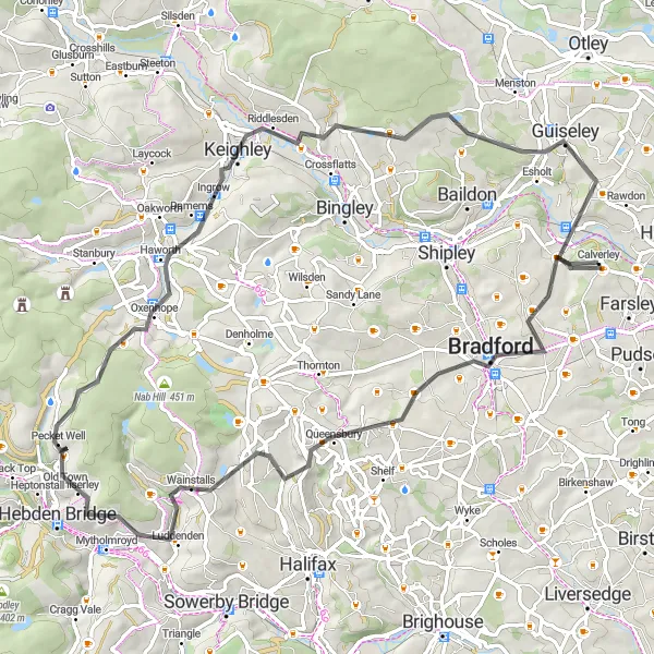 Map miniature of "Bradford's Scenic Road Adventure" cycling inspiration in West Yorkshire, United Kingdom. Generated by Tarmacs.app cycling route planner