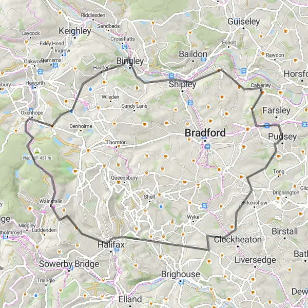 Map miniature of "Bradford to Cleckheaton and Pudsey Loop" cycling inspiration in West Yorkshire, United Kingdom. Generated by Tarmacs.app cycling route planner