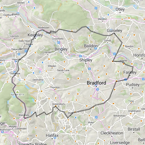 Map miniature of "Bradford to Keighley and Yeadon Loop" cycling inspiration in West Yorkshire, United Kingdom. Generated by Tarmacs.app cycling route planner