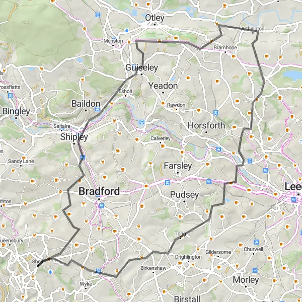 Map miniature of "Shipley to Scenic Delights" cycling inspiration in West Yorkshire, United Kingdom. Generated by Tarmacs.app cycling route planner