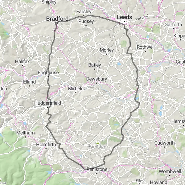Map miniature of "Bradford to Castle Hill and Wakefield Loop" cycling inspiration in West Yorkshire, United Kingdom. Generated by Tarmacs.app cycling route planner