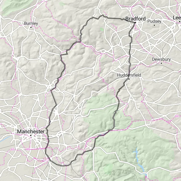 Map miniature of "Bradford to Round-trip Adventure" cycling inspiration in West Yorkshire, United Kingdom. Generated by Tarmacs.app cycling route planner