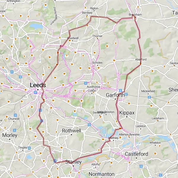 Map miniature of "Bramham to Methley Gravel Adventure" cycling inspiration in West Yorkshire, United Kingdom. Generated by Tarmacs.app cycling route planner