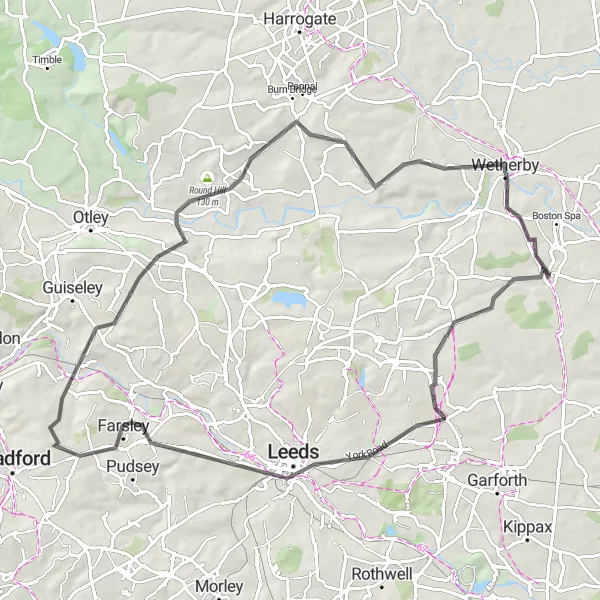 Map miniature of "Scenic Road Cycling Adventure: Bramham to Sicklinghall" cycling inspiration in West Yorkshire, United Kingdom. Generated by Tarmacs.app cycling route planner