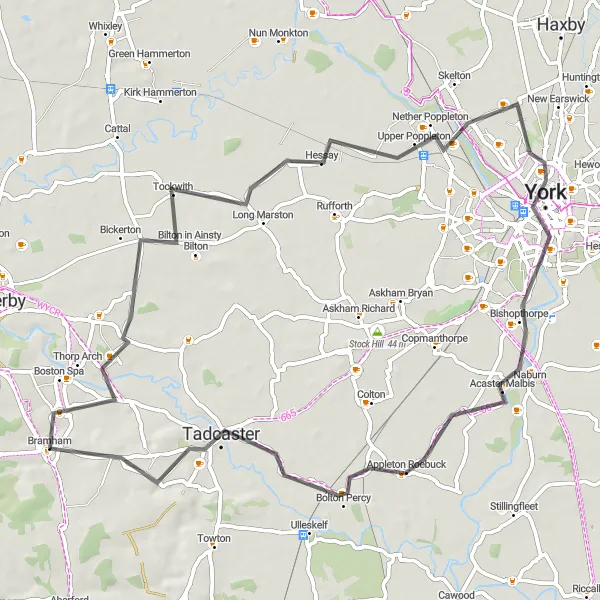 Map miniature of "Bramham Road Cycling Delight" cycling inspiration in West Yorkshire, United Kingdom. Generated by Tarmacs.app cycling route planner