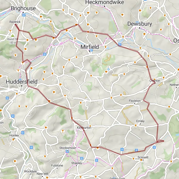 Map miniature of "Rastrick Loop: A Gravel Escape" cycling inspiration in West Yorkshire, United Kingdom. Generated by Tarmacs.app cycling route planner