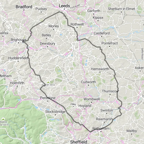 Map miniature of "West Yorkshire Classic" cycling inspiration in West Yorkshire, United Kingdom. Generated by Tarmacs.app cycling route planner