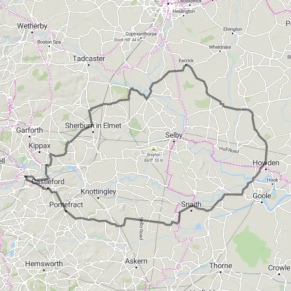 Map miniature of "Ledston to Pontefract Road Route" cycling inspiration in West Yorkshire, United Kingdom. Generated by Tarmacs.app cycling route planner