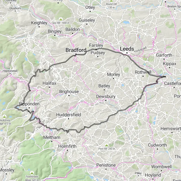 Map miniature of "Methley to Stourton Road Route" cycling inspiration in West Yorkshire, United Kingdom. Generated by Tarmacs.app cycling route planner