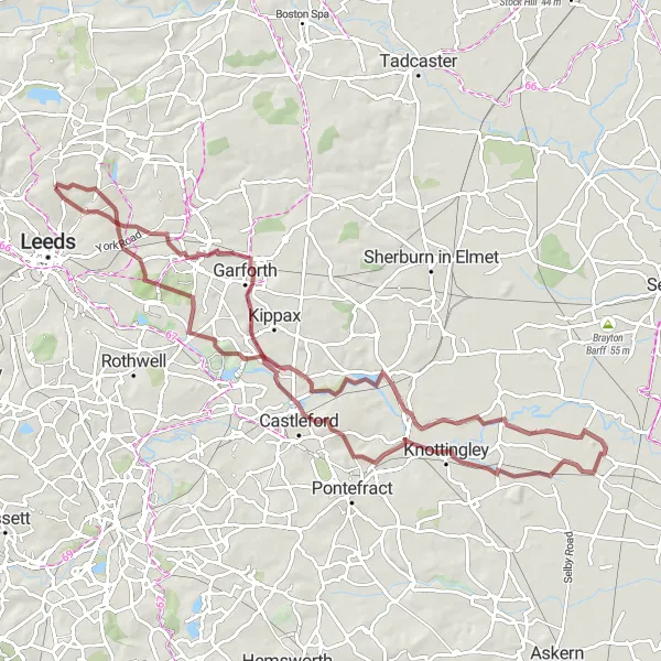 Map miniature of "Fairburn Castleford Circular" cycling inspiration in West Yorkshire, United Kingdom. Generated by Tarmacs.app cycling route planner