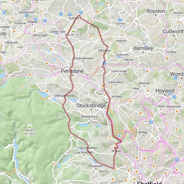 Map miniature of "Silkstone Gravel Loop" cycling inspiration in West Yorkshire, United Kingdom. Generated by Tarmacs.app cycling route planner