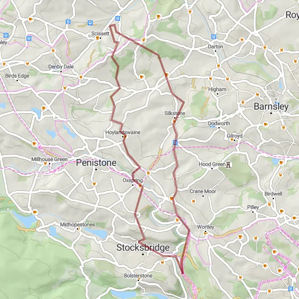 Map miniature of "Silkstone Gravel Adventure" cycling inspiration in West Yorkshire, United Kingdom. Generated by Tarmacs.app cycling route planner